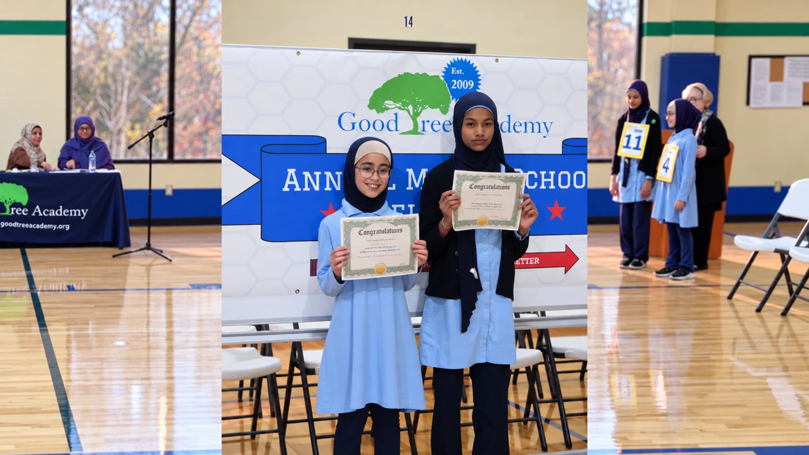 Students celebrating spelling bee achievements; photograph professionally retouched